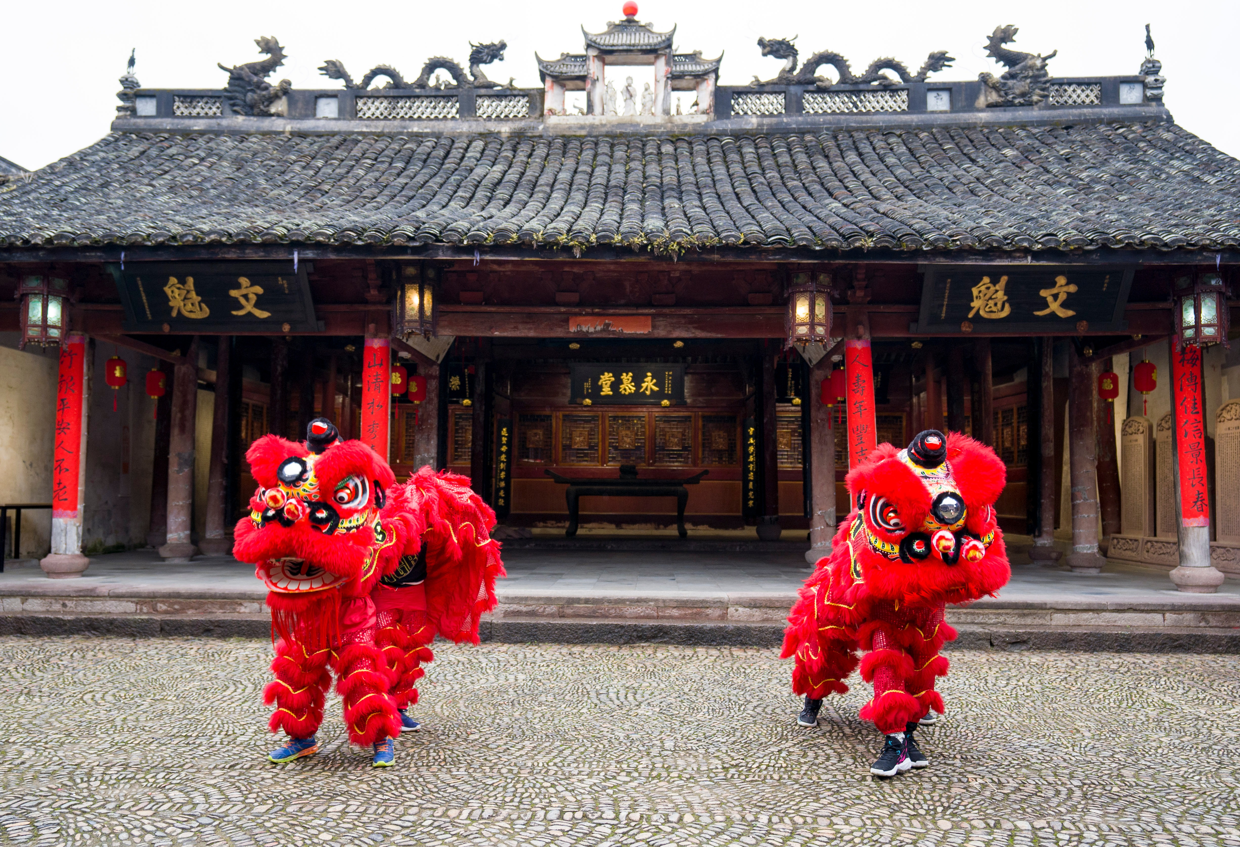 雄獅少年張鎮(zhèn)浩和舞獅隊(duì)的隊(duì)友們在前童鎮(zhèn)祠堂訓(xùn)練 寧?？h教育局供圖.jpg